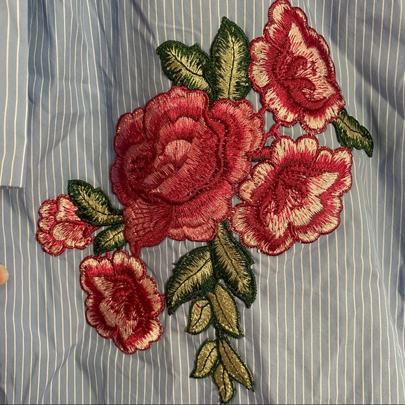 Zara Woman Off Shoulder Pinstripe Embroidered Floral Dress Tunic Medium Blue Red - Picture 7 of 14